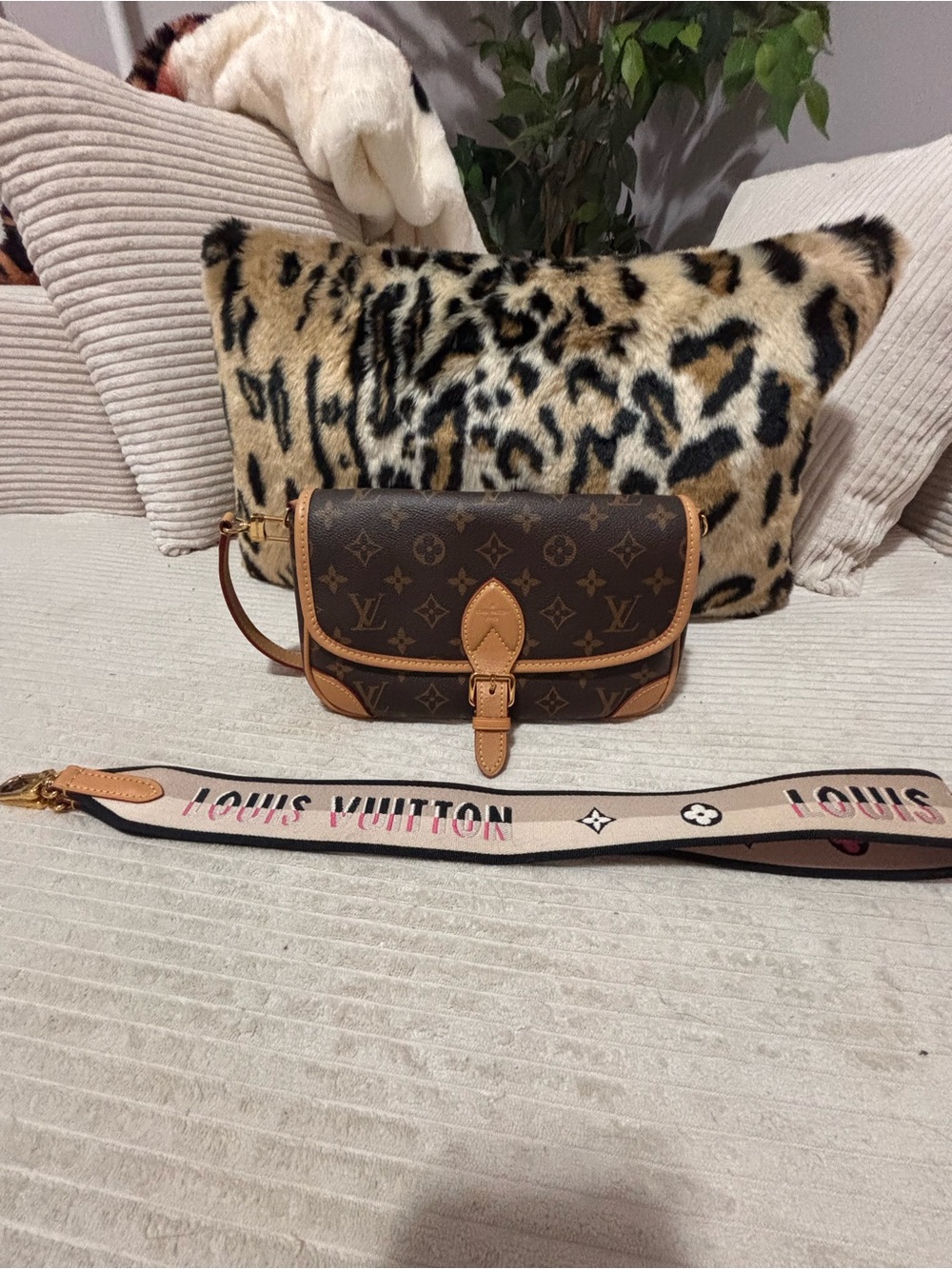 Louis Vuitton Brown Monogram Small Shoulder Bag with Pink Logo Strap the Diane